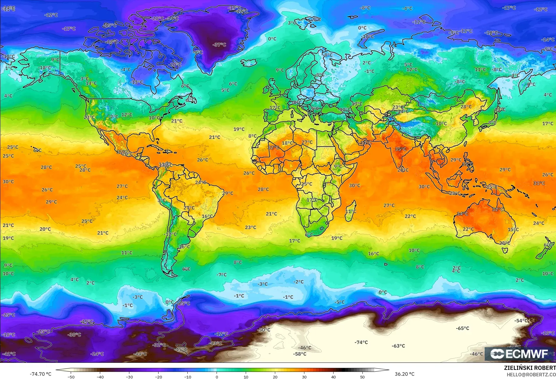 ECMWF IFS 0.25° modelo - Mundo, Temperatura a 2 m