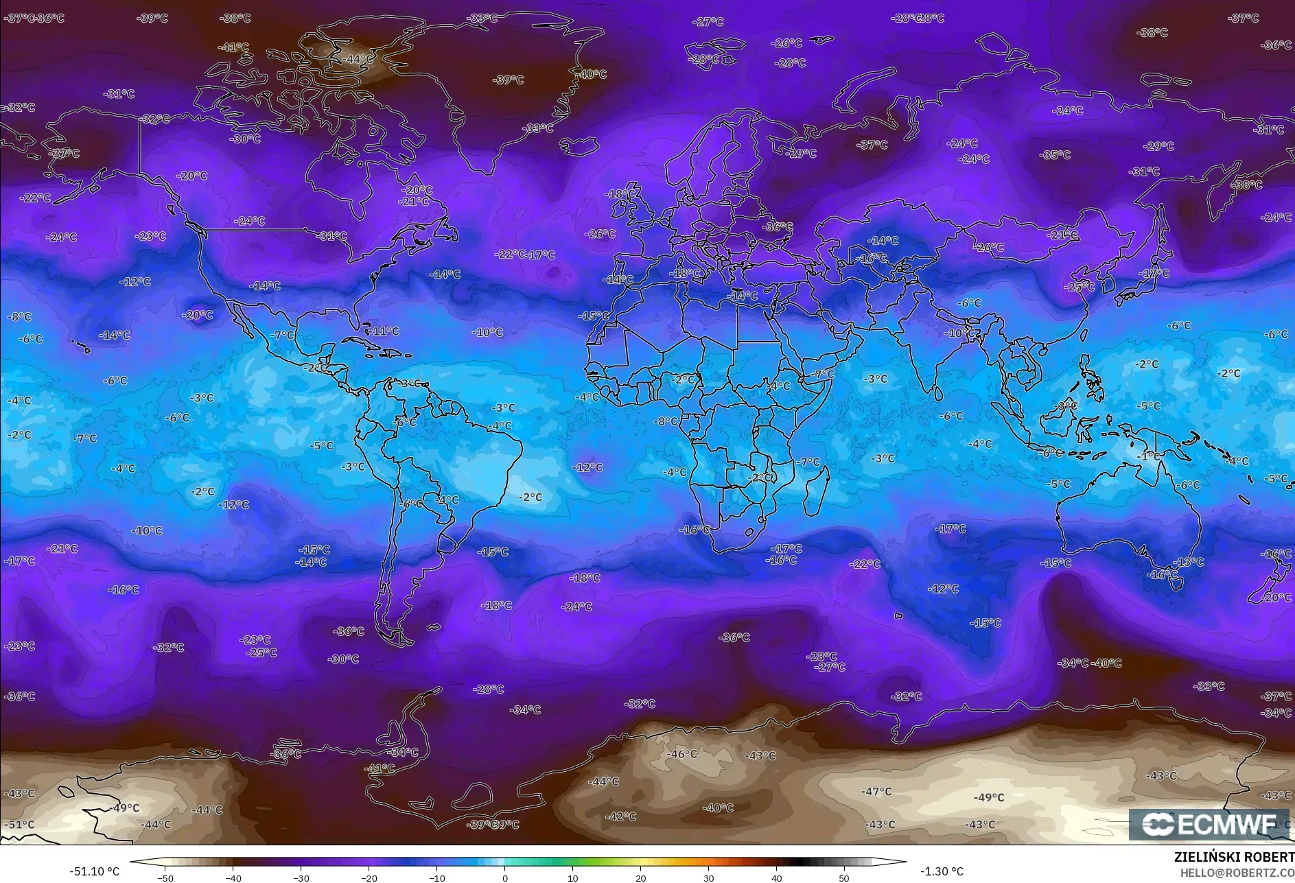 ECMWF IFS 0.25° modelo - Mundo, Temperatura a 500 hPa