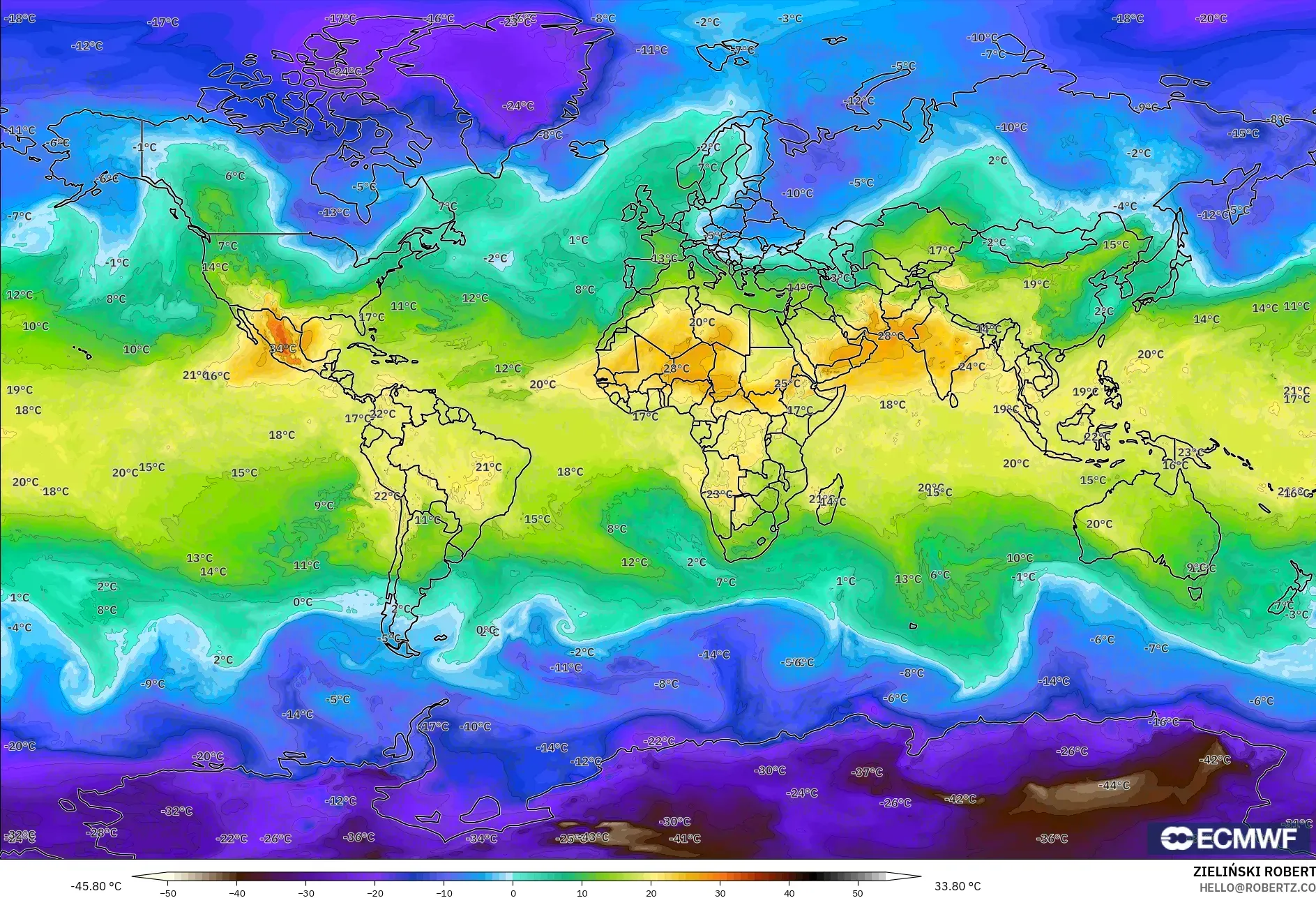 ECMWF IFS 0.25° modelo - Mundo, Temperatura a 850 hPa