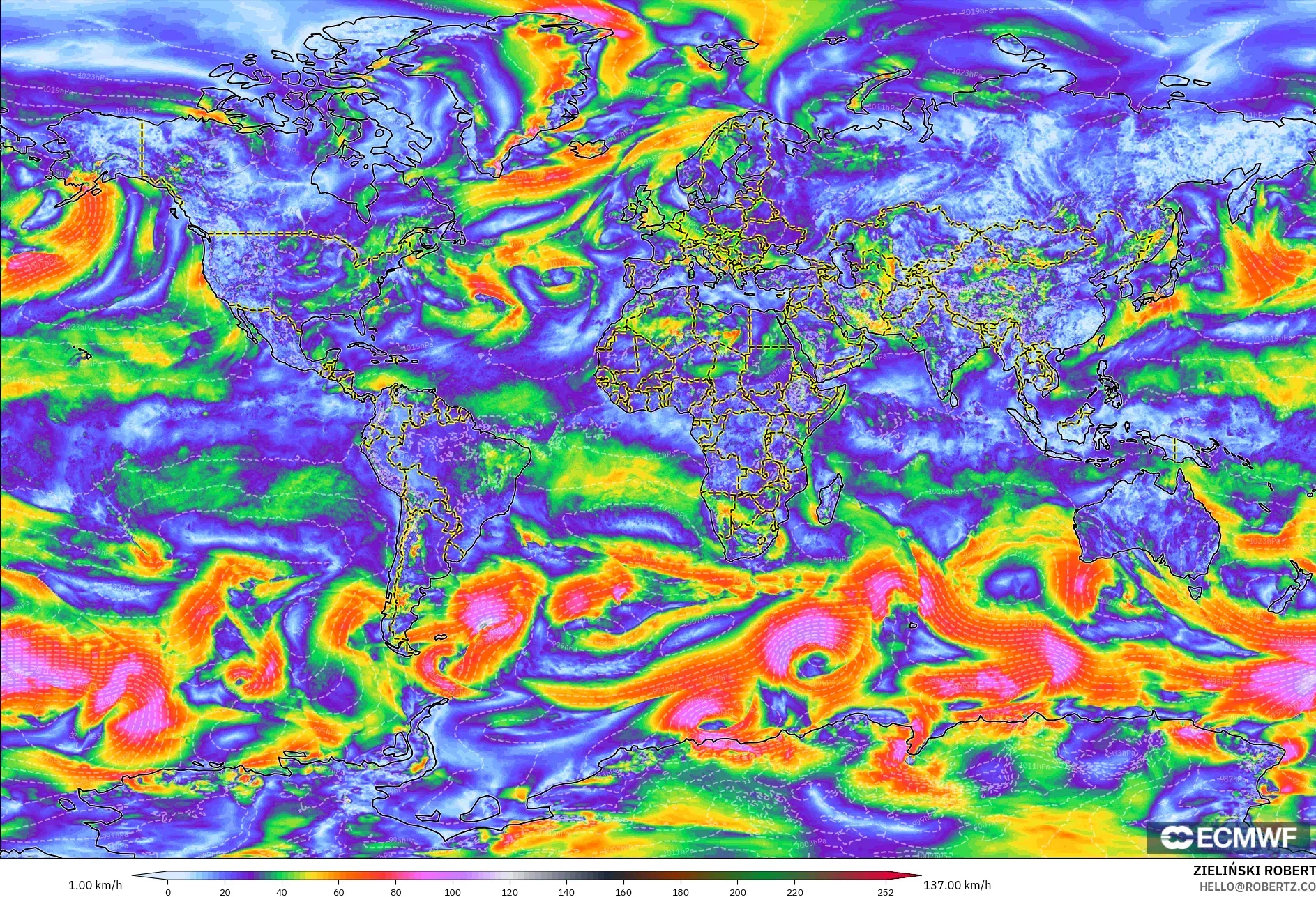 ECMWF IFS 0.25° modelo - Mundo, Ráfagas de viento