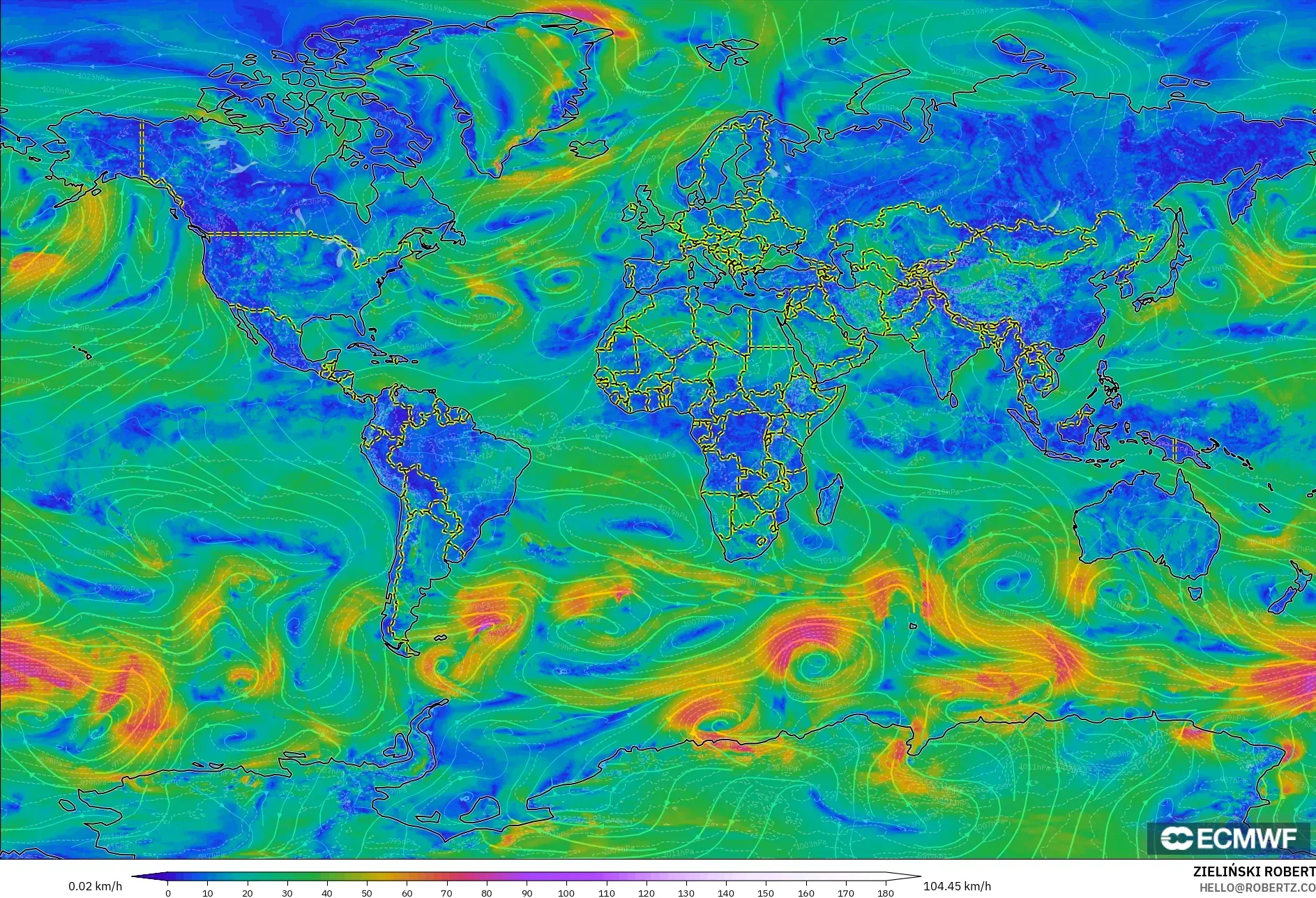 ECMWF IFS 0.25° modelo - Mundo, Viento a 10 m
