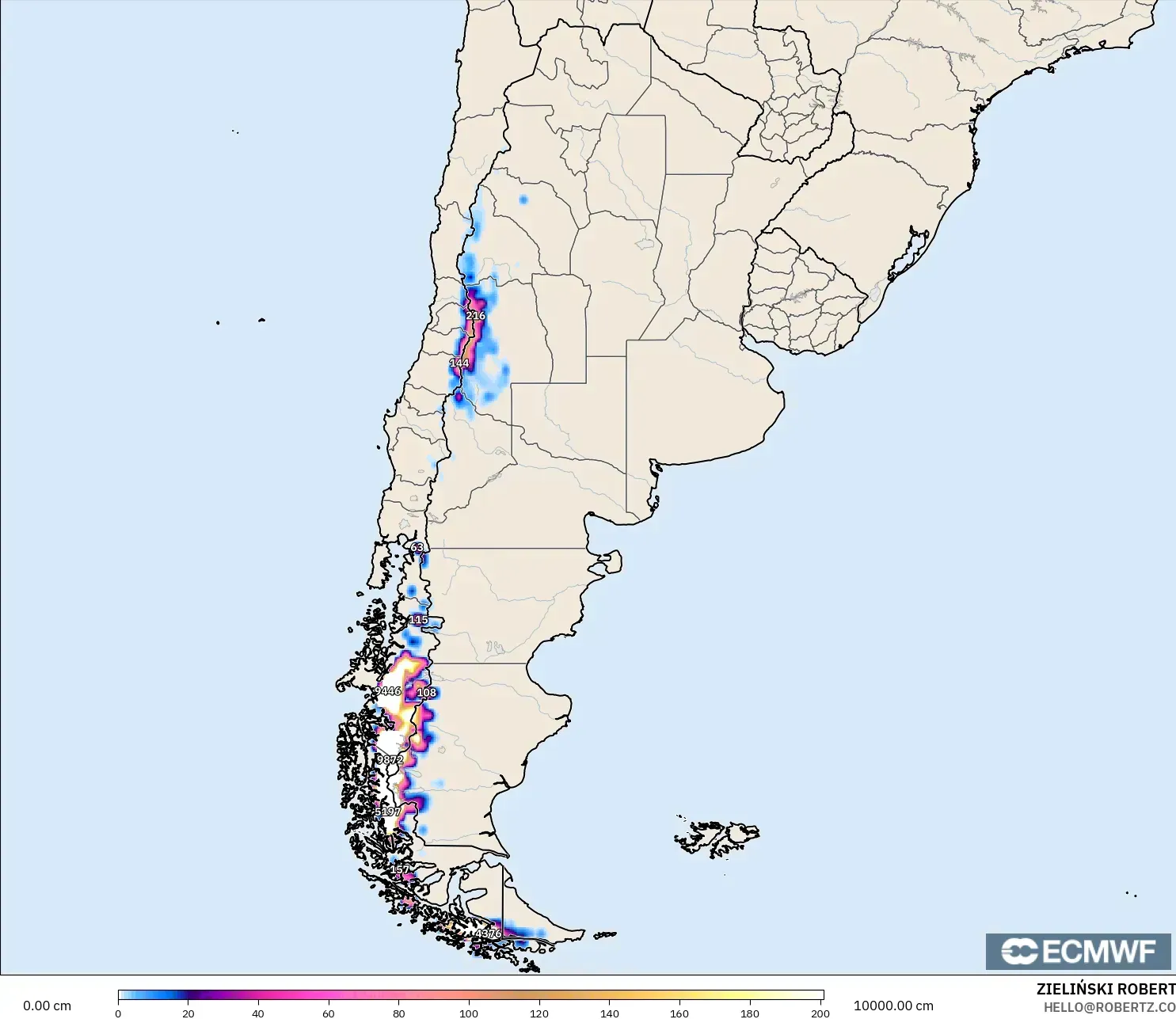 ECMWF IFS 0.25° modelo - Argentina, Profundidad de nieve
