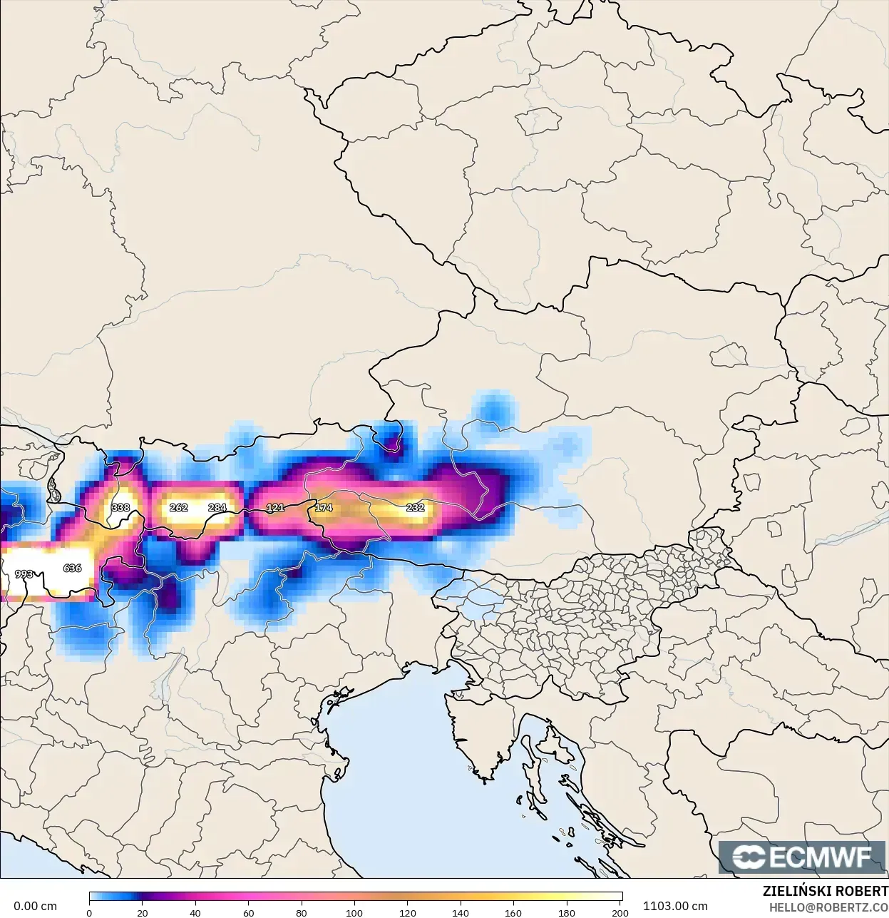 ECMWF IFS 0.25° modelo - Austria, Profundidad de nieve