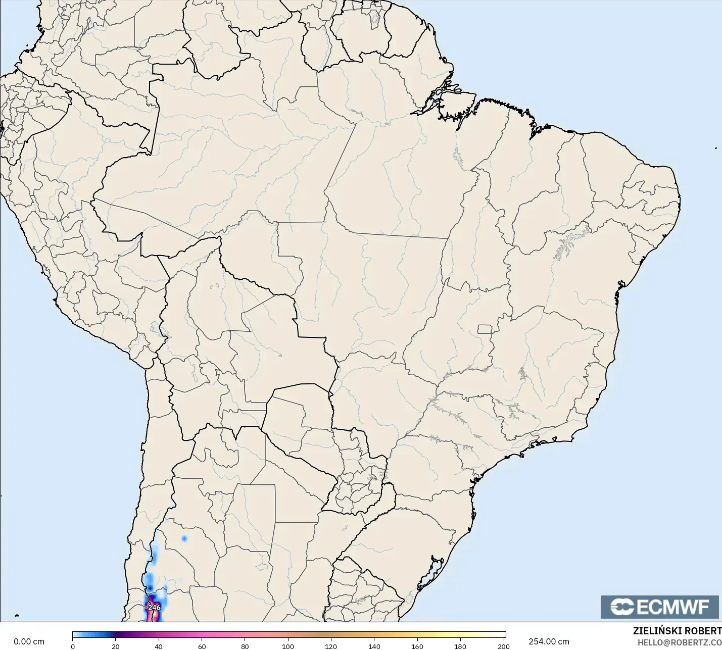 ECMWF IFS 0.25° modelo - Brasil, Profundidad de nieve