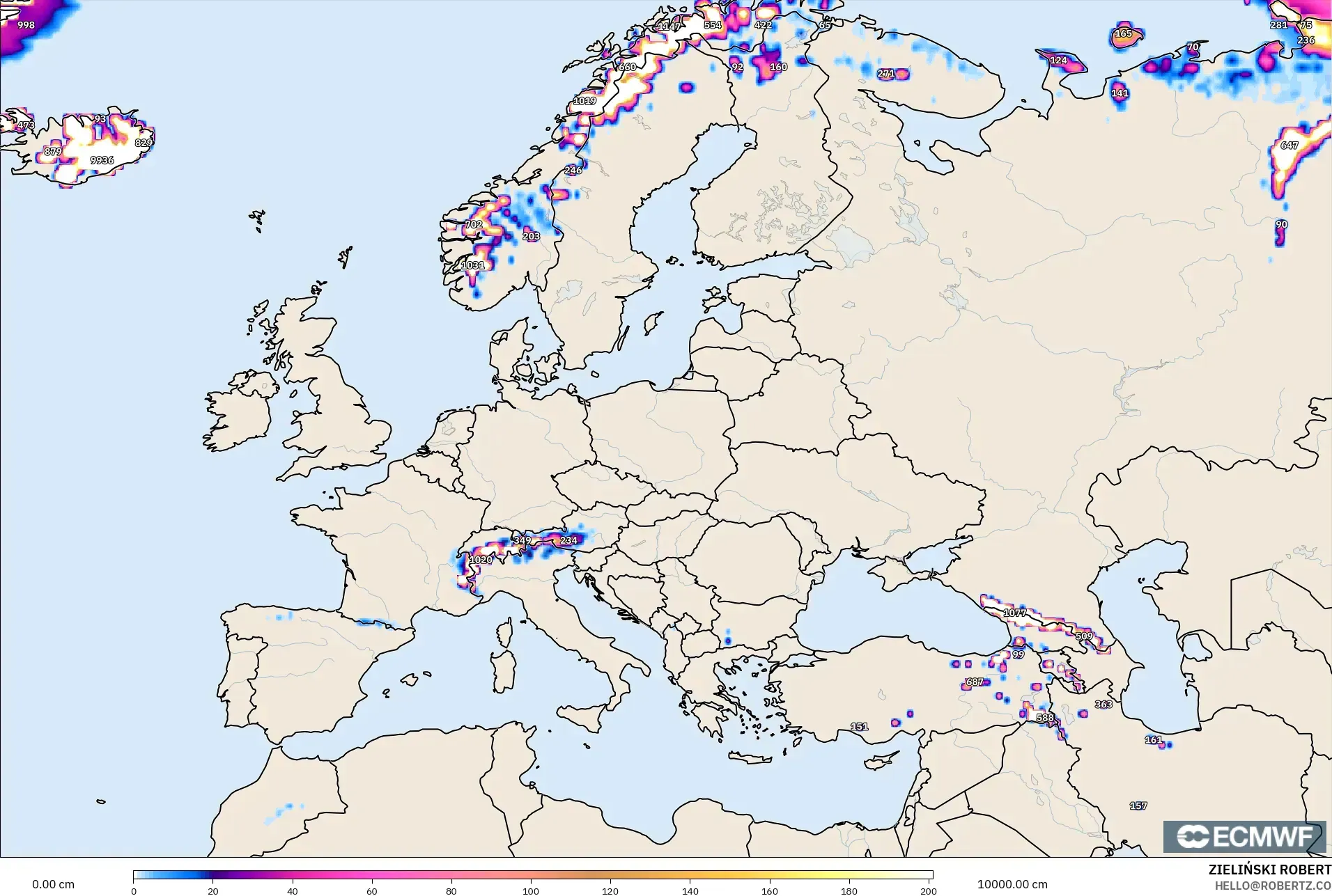 ECMWF IFS 0.25° modelo - Europa, Profundidad de nieve