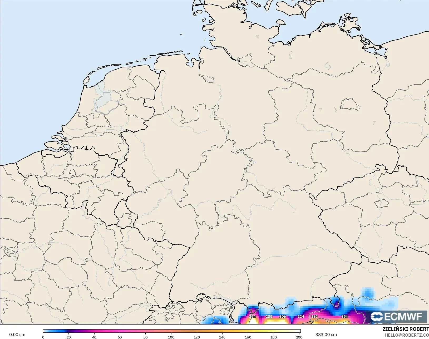 ECMWF IFS 0.25° modelo - Alemania, Profundidad de nieve