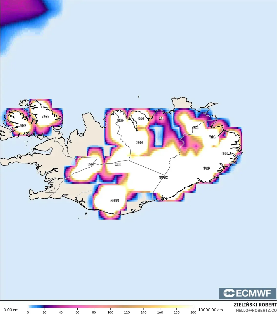 ECMWF IFS 0.25° modelo - Islandia, Profundidad de nieve