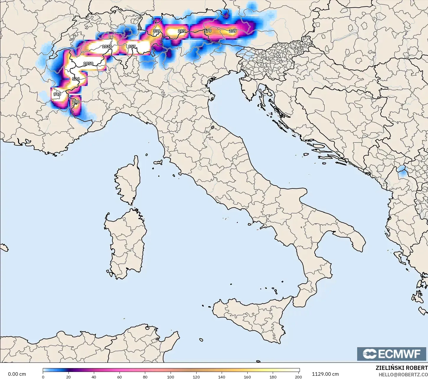 ECMWF IFS 0.25° modelo - Italia, Profundidad de nieve