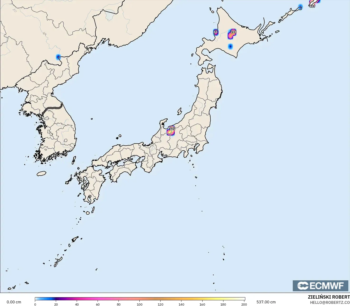 ECMWF IFS 0.25° modelo - Japón, Profundidad de nieve