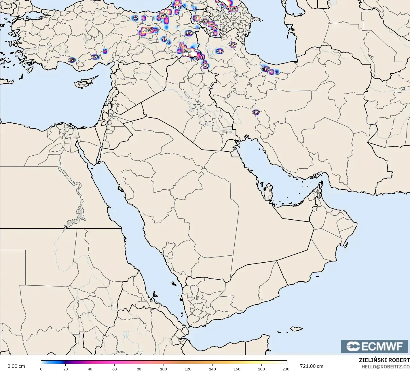 ECMWF IFS 0.25° modelo - Oriente Medio, Profundidad de nieve