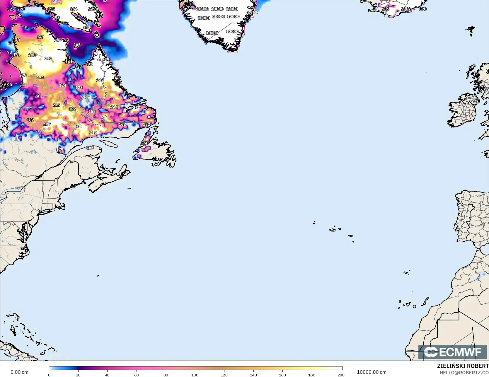 ECMWF IFS 0.25° modelo - Norte Atlántico, Profundidad de nieve