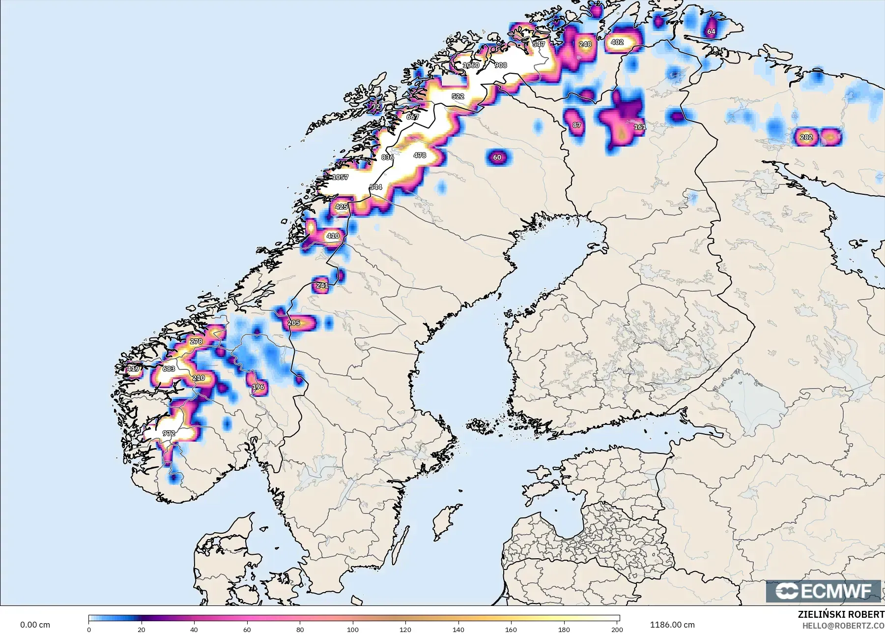 ECMWF IFS 0.25° modelo - Escandinavia, Profundidad de nieve