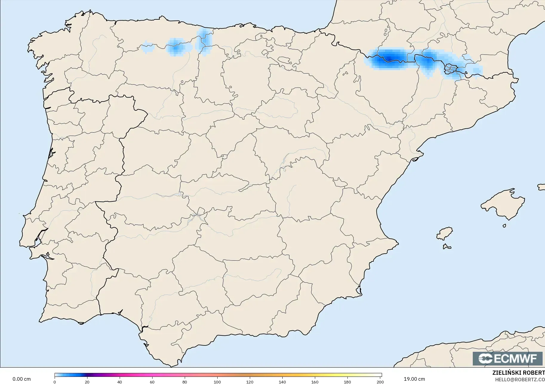 ECMWF IFS 0.25° modelo - España, Profundidad de nieve