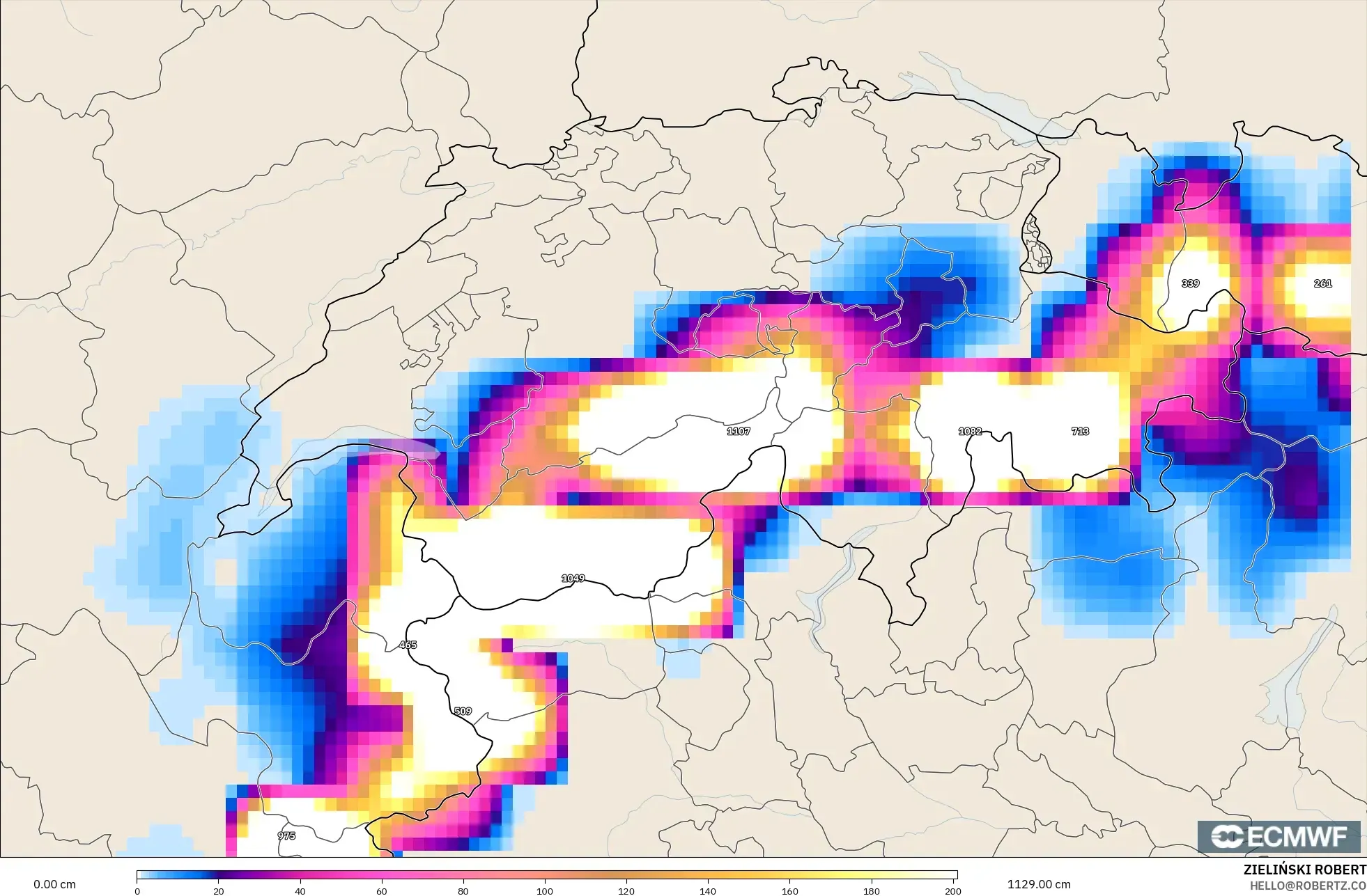 ECMWF IFS 0.25° modelo - Suiza, Profundidad de nieve