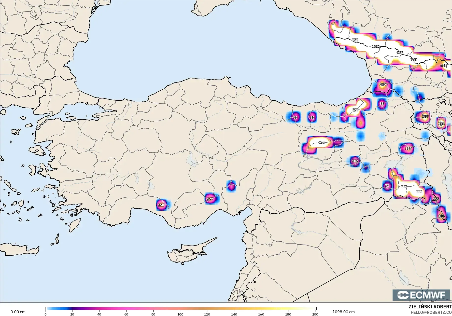 ECMWF IFS 0.25° modelo - Turquía, Profundidad de nieve