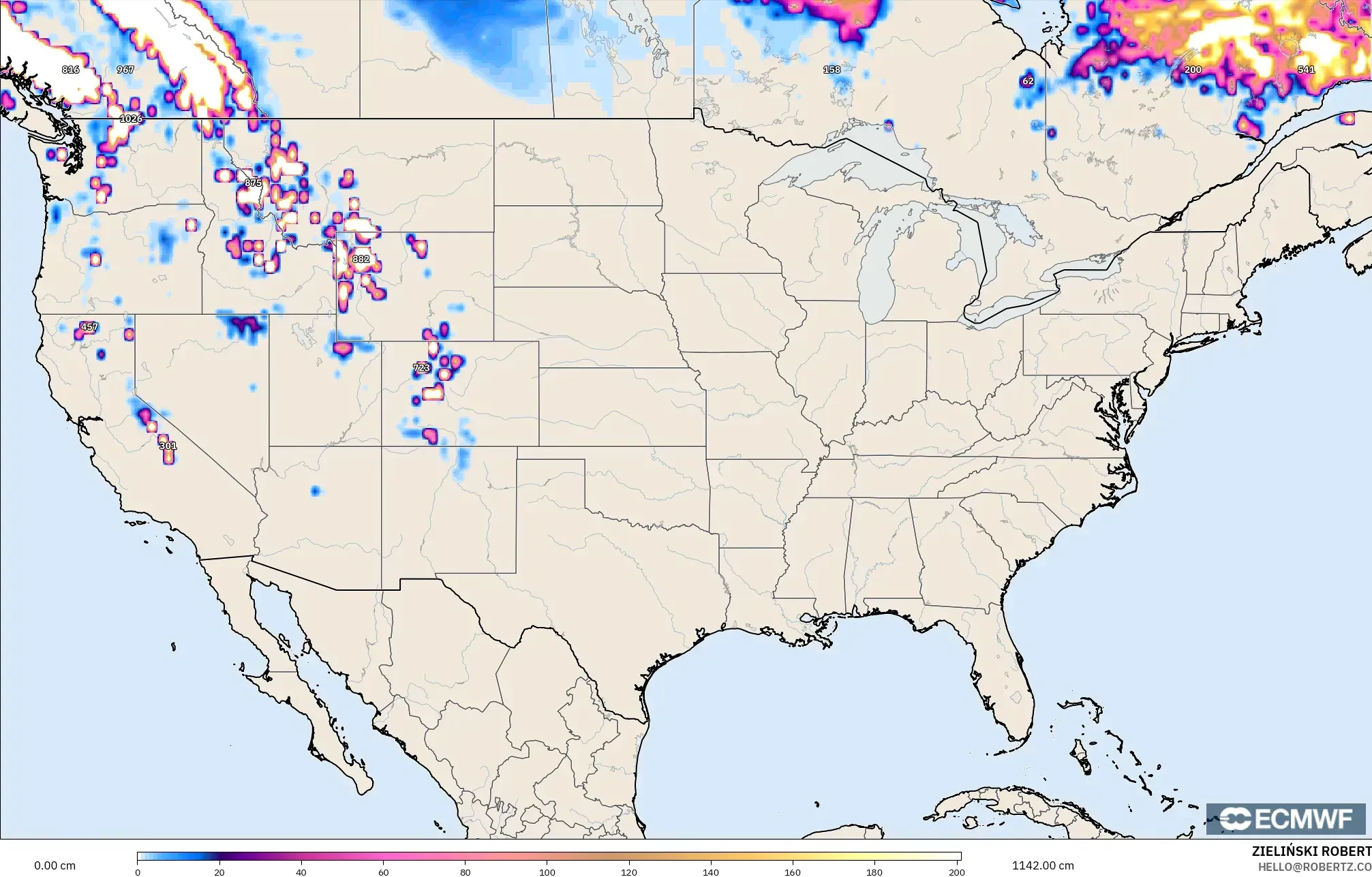ECMWF IFS 0.25° modelo - Estados Unidos, Profundidad de nieve