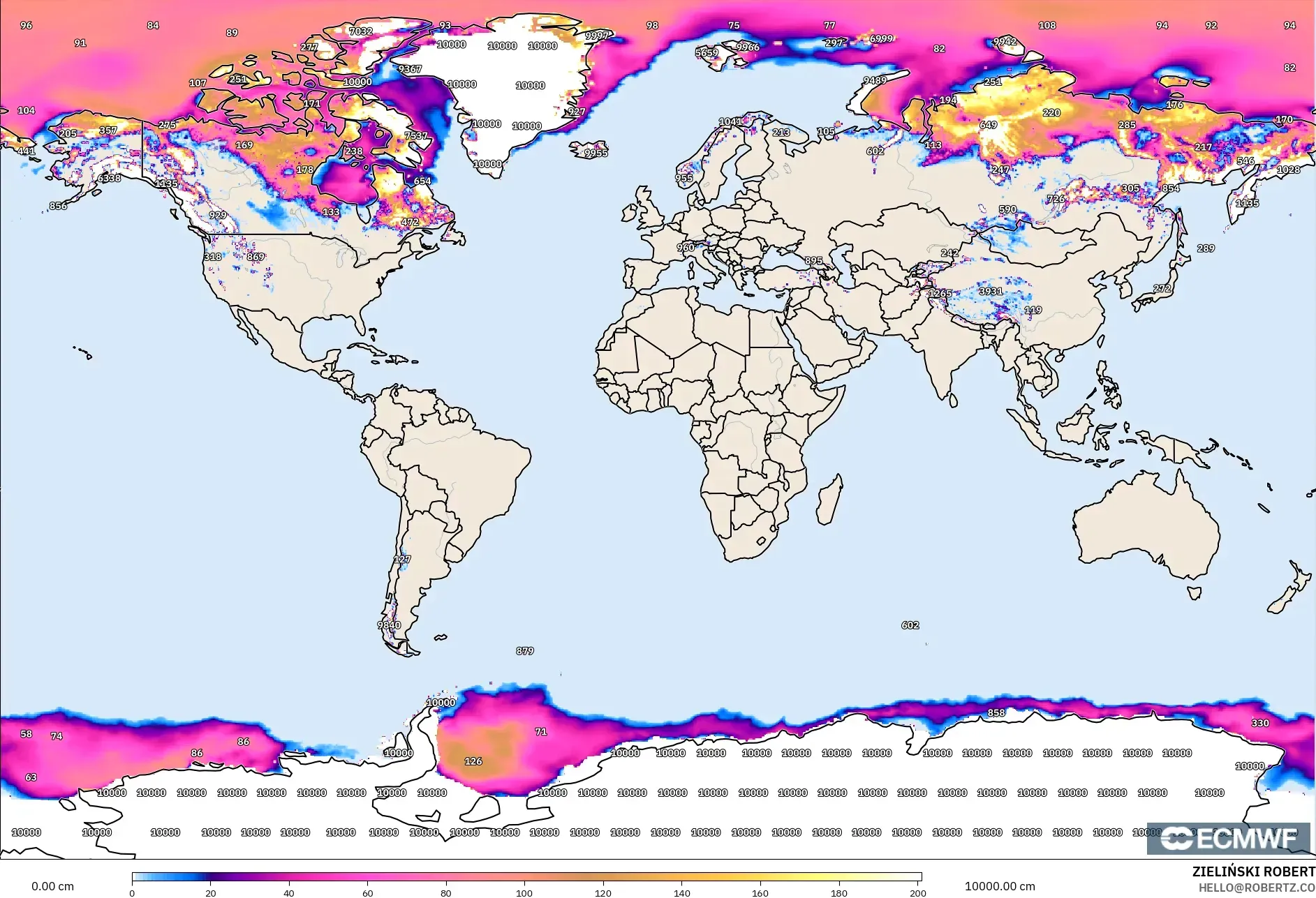 ECMWF IFS 0.25° modelo - Mundo, Profundidad de nieve