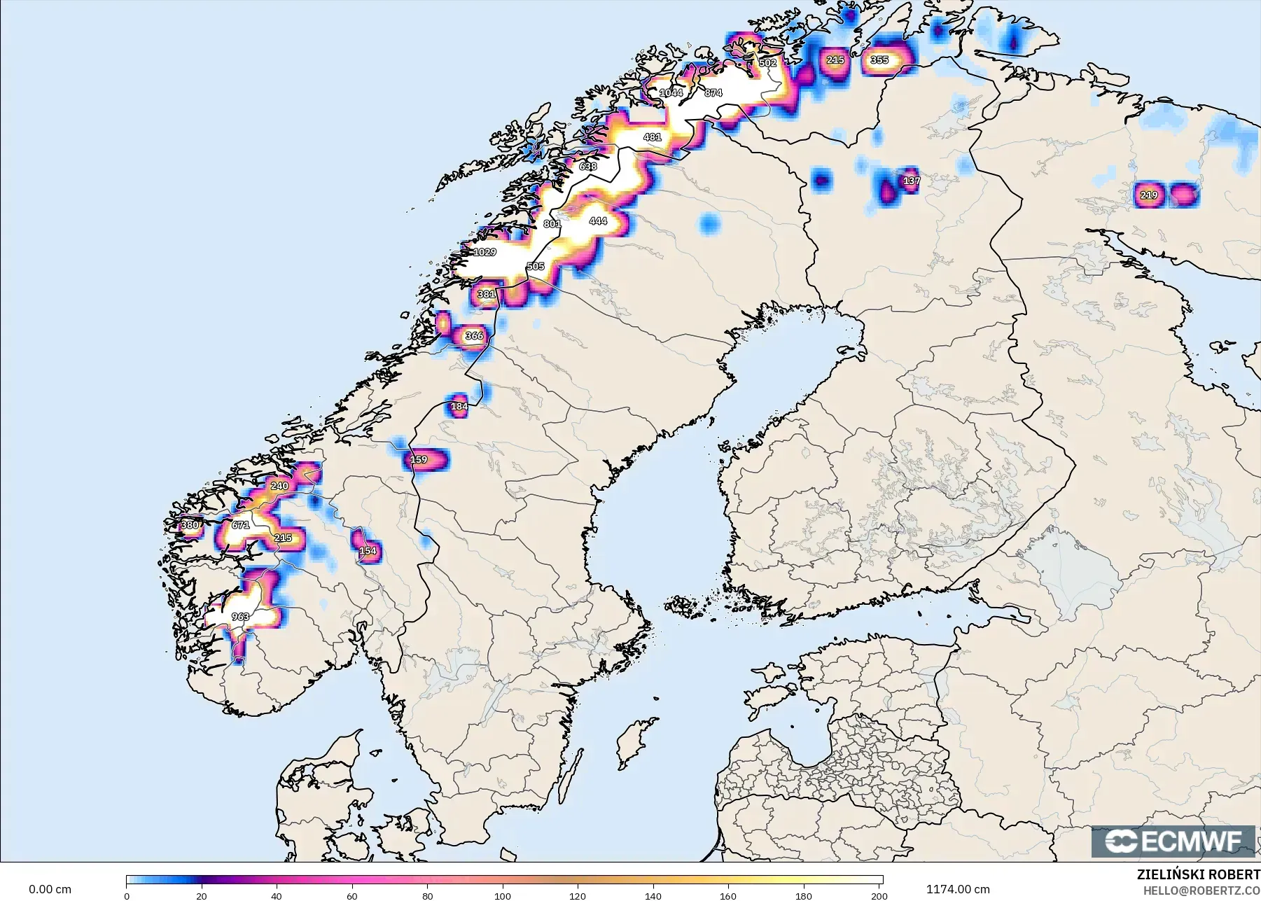 ECMWF IFS 0.25° modelo - Escandinavia, Profundidad de nieve