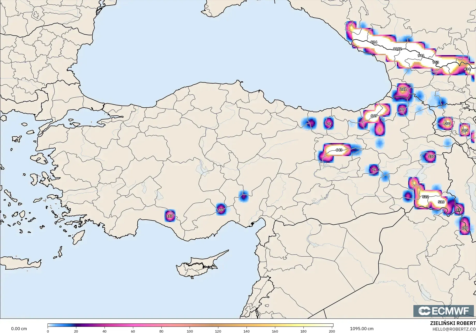 ECMWF IFS 0.25° modelo - Turquía, Profundidad de nieve
