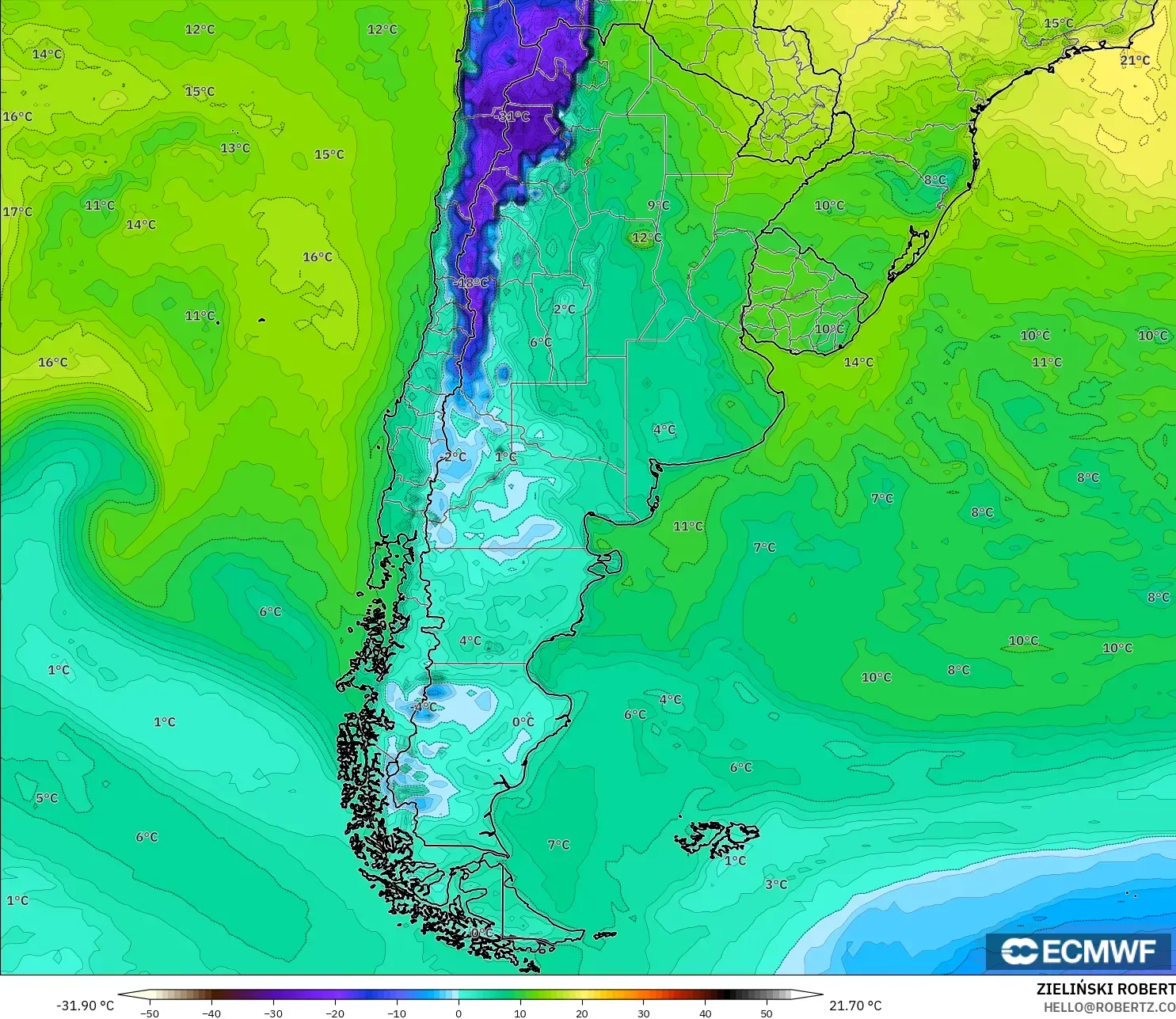 ECMWF IFS 0.25° modelo - Argentina, Punto de rocío a 2 m