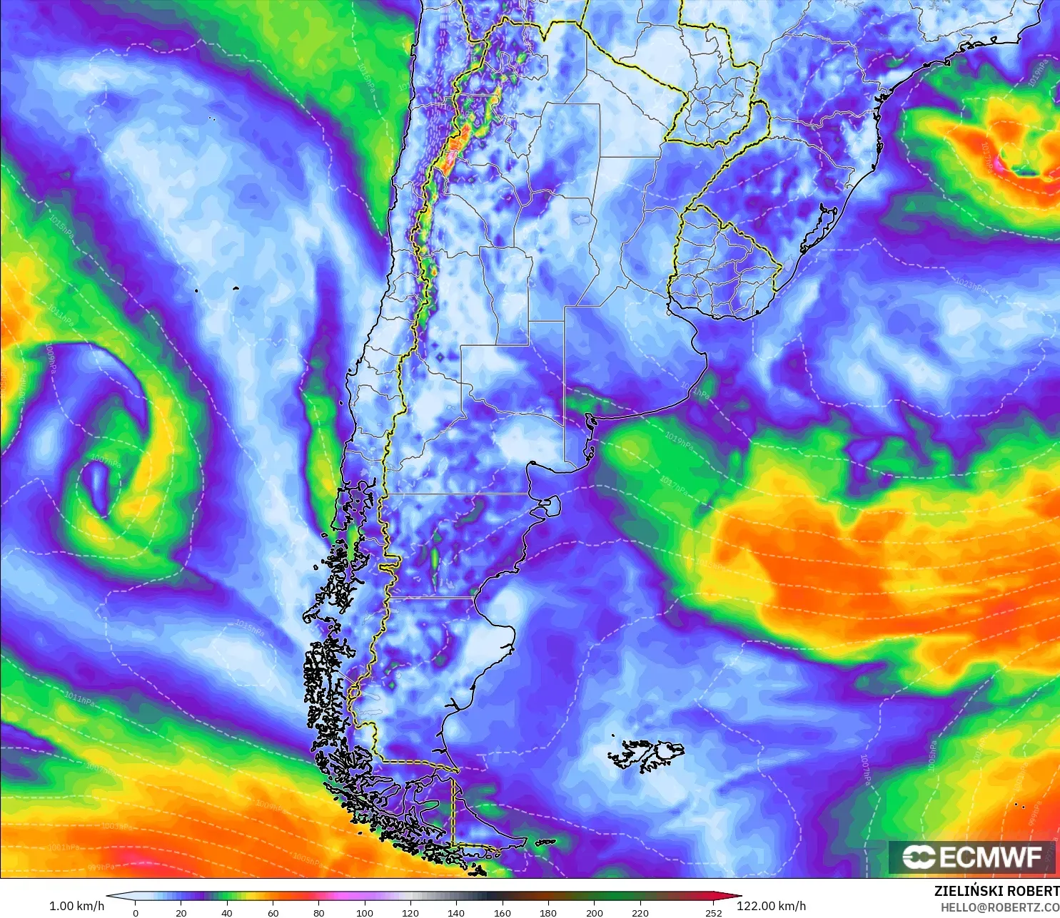 ECMWF IFS 0.25° modelo - Argentina, Ráfagas de viento