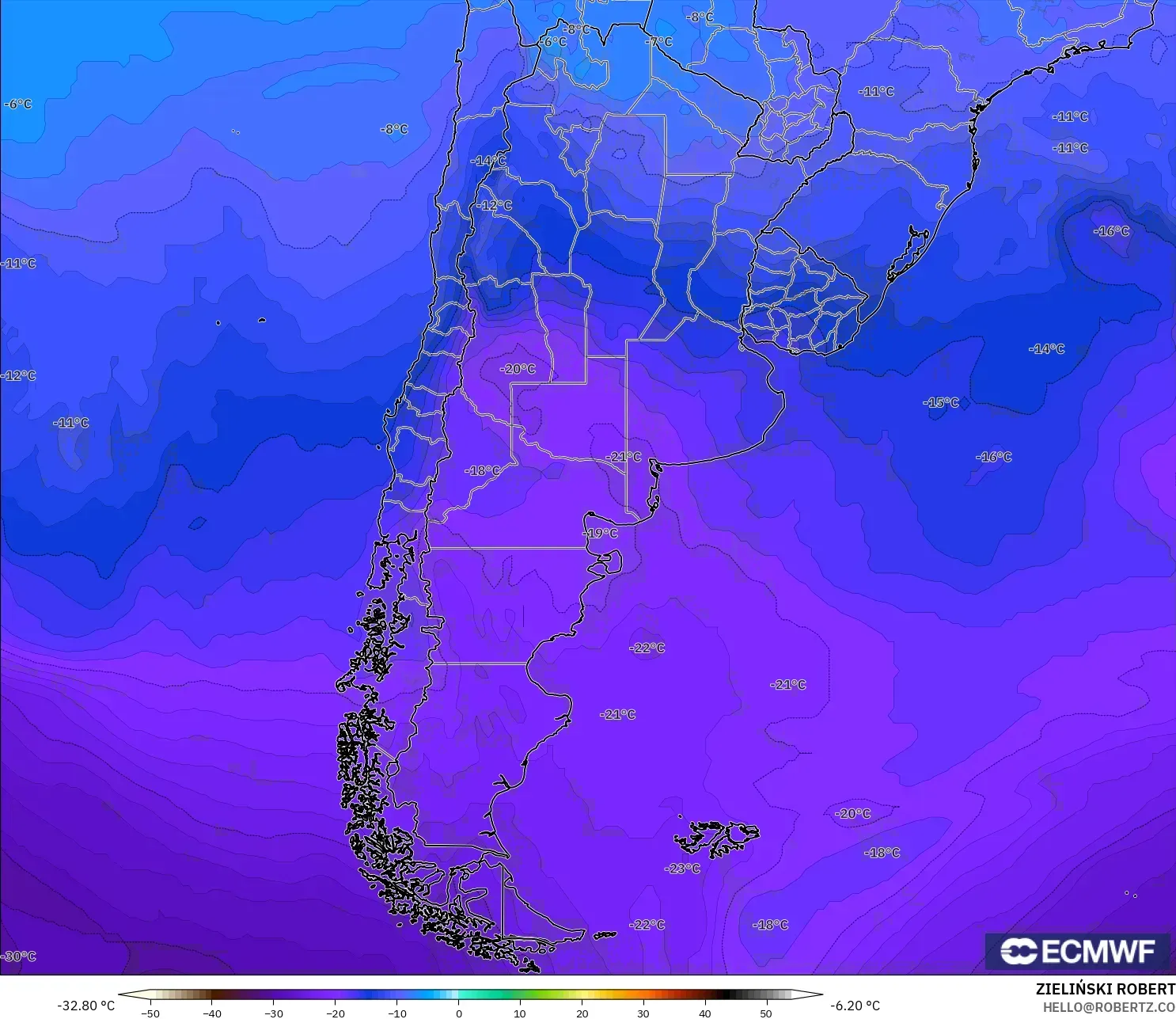 ECMWF IFS 0.25° modelo - Argentina, Temperatura a 500 hPa