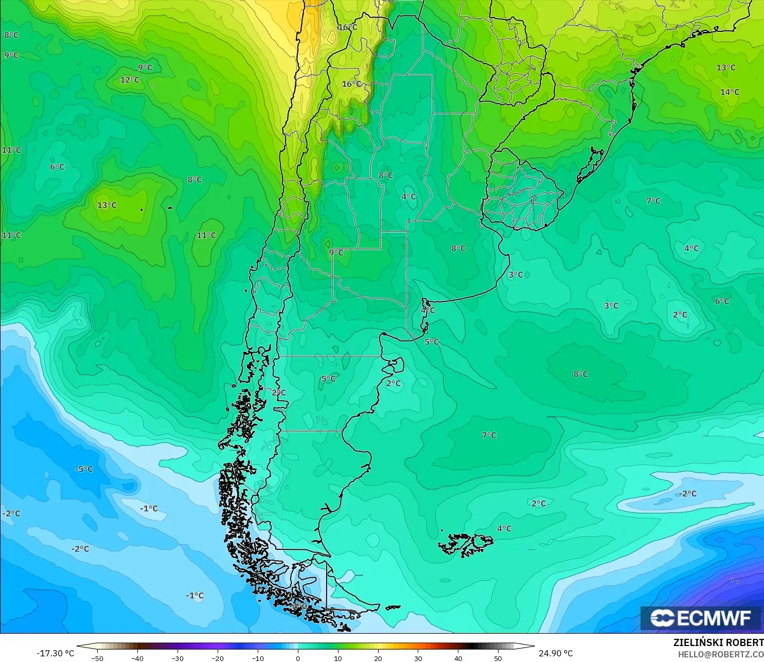 ECMWF IFS 0.25° modelo - Argentina, Temperatura a 850 hPa