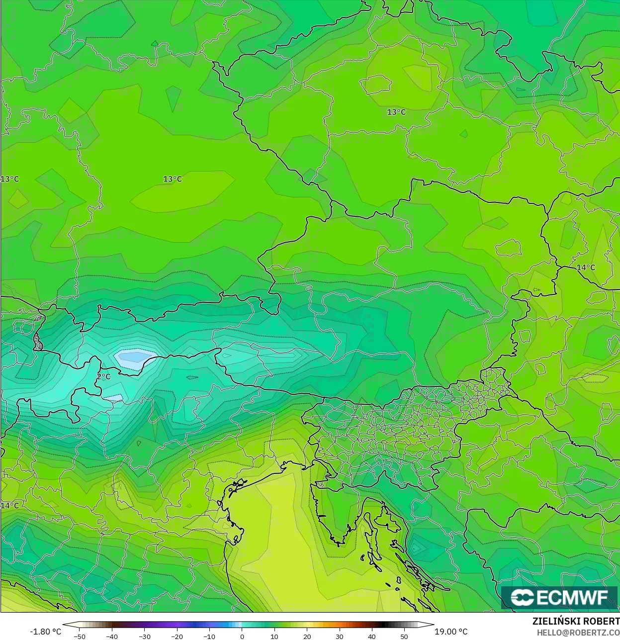 ECMWF IFS 0.25° modelo - Austria, Punto de rocío a 2 m
