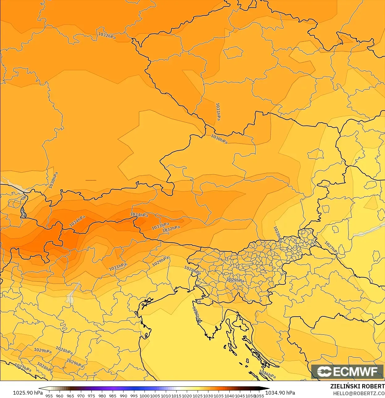 ECMWF IFS 0.25° modelo - Austria, Presión