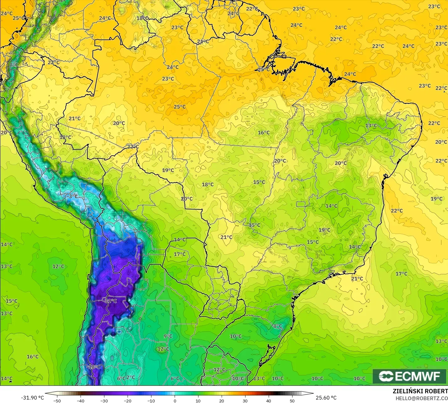 ECMWF IFS 0.25° modelo - Brasil, Punto de rocío a 2 m
