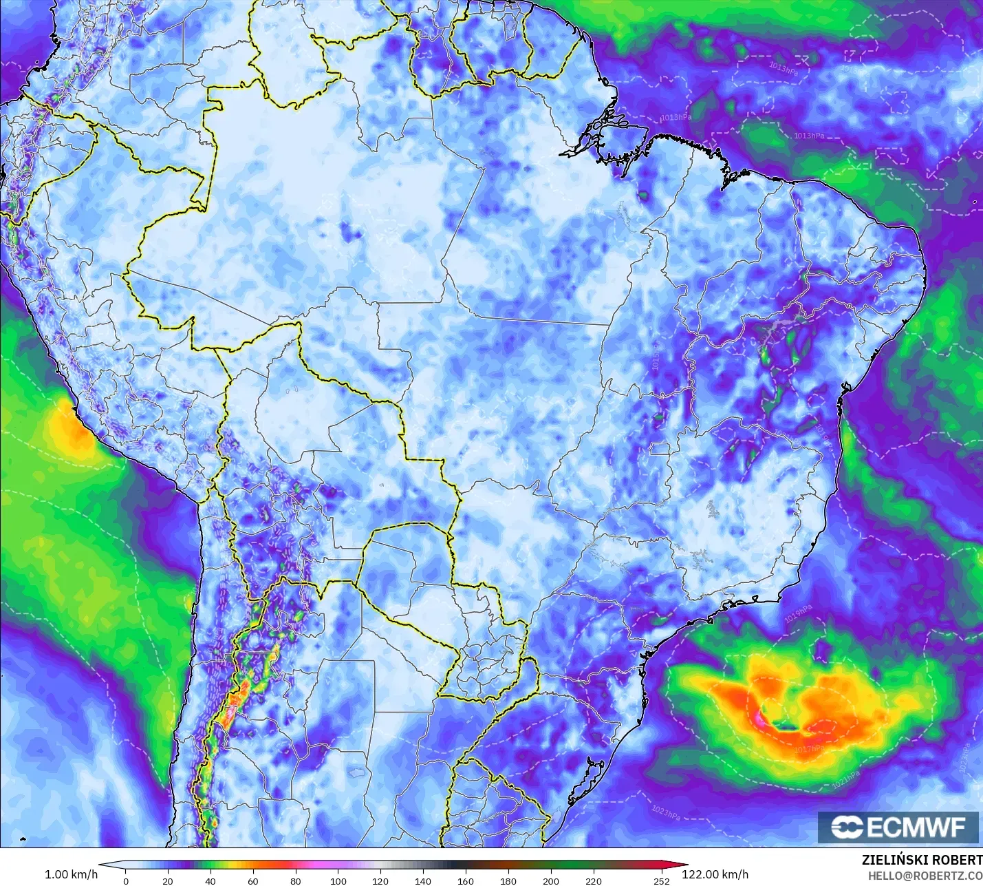 ECMWF IFS 0.25° modelo - Brasil, Ráfagas de Viento Máximas