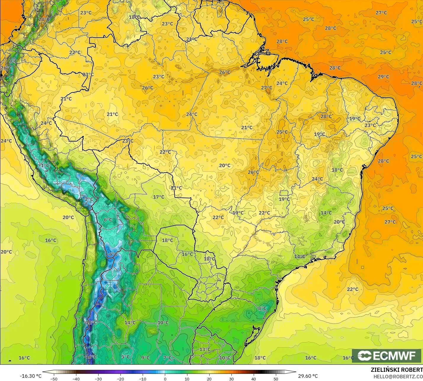 ECMWF IFS 0.25° modelo - Brasil, Temperatura a 2 m