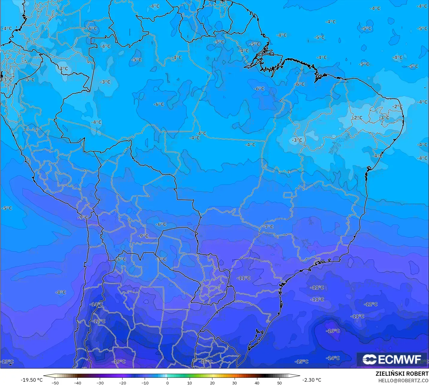 ECMWF IFS 0.25° modelo - Brasil, Temperatura a 500 hPa