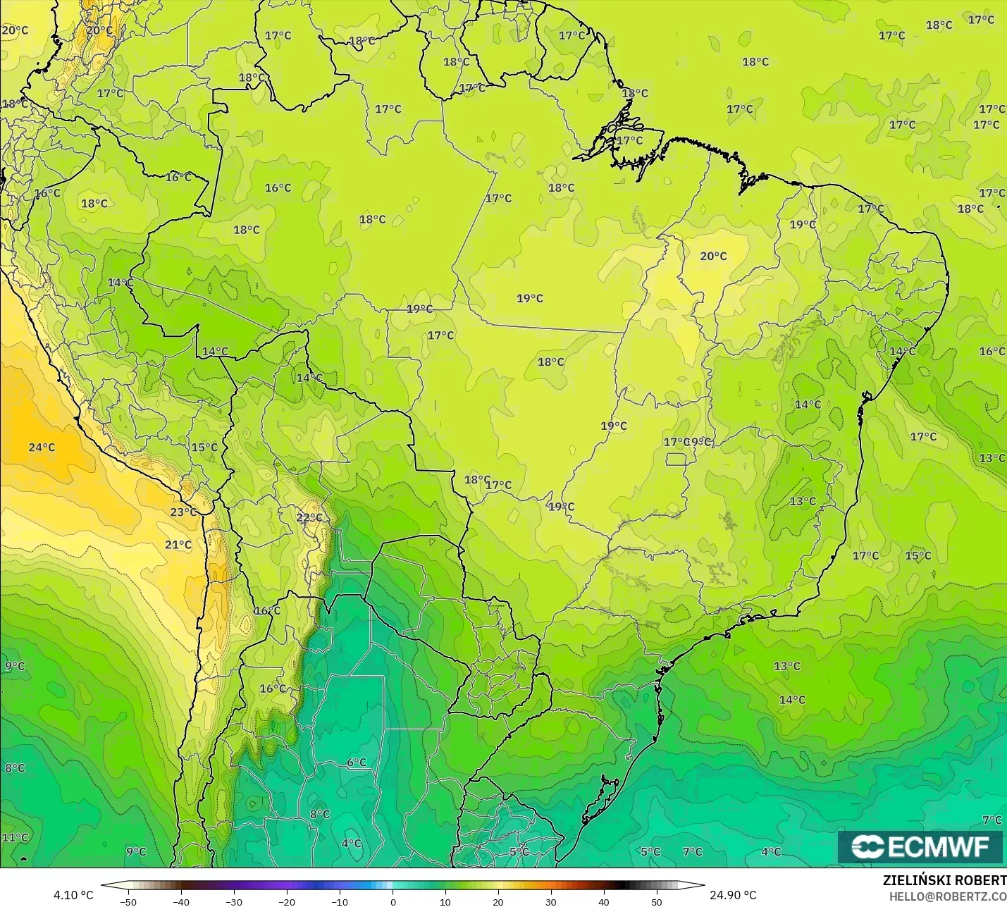 ECMWF IFS 0.25° modelo - Brasil, Temperatura a 850 hPa