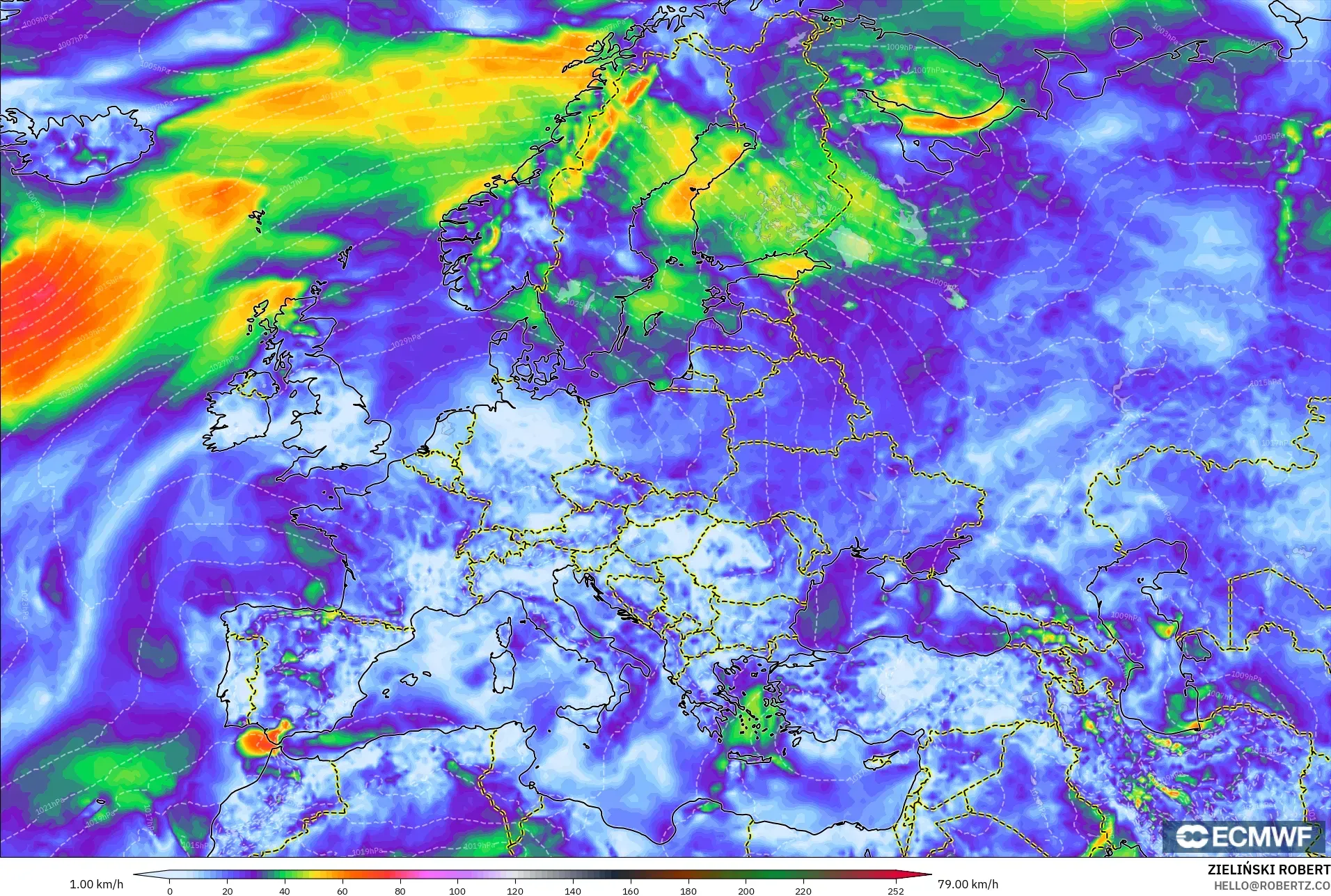 ECMWF IFS 0.25° modelo - Europa, Ráfagas de viento