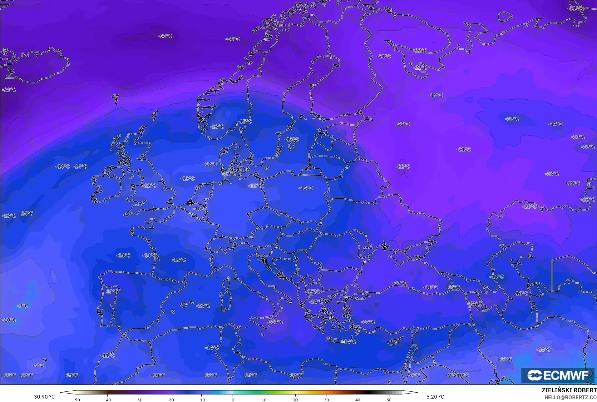ECMWF IFS 0.25° modelo - Europa, Temperatura a 500 hPa