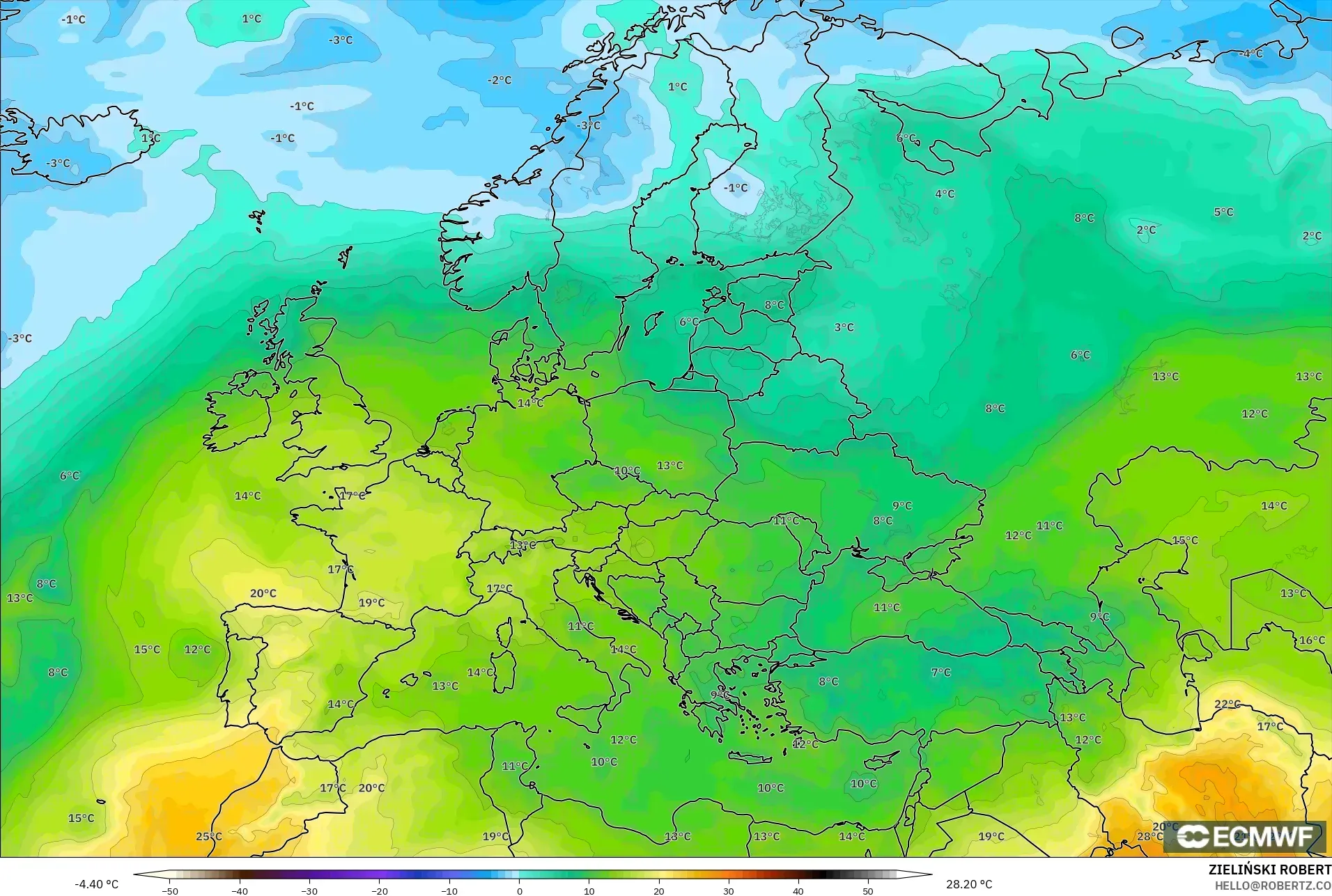 ECMWF IFS 0.25° modelo - Europa, Temperatura a 850 hPa