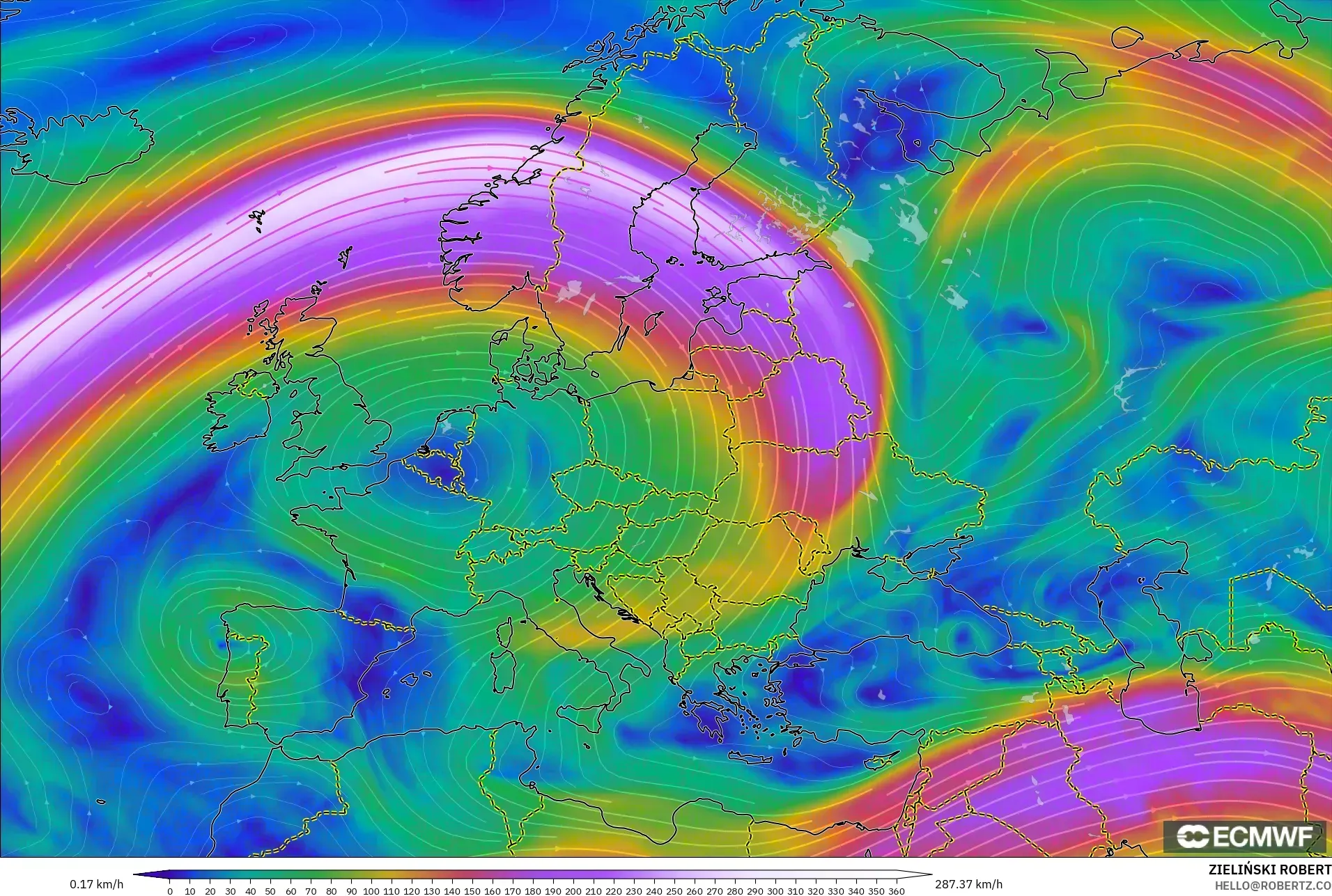 ECMWF IFS 0.25° modelo - Europa, Viento a 300 hPa (corriente en chorro)