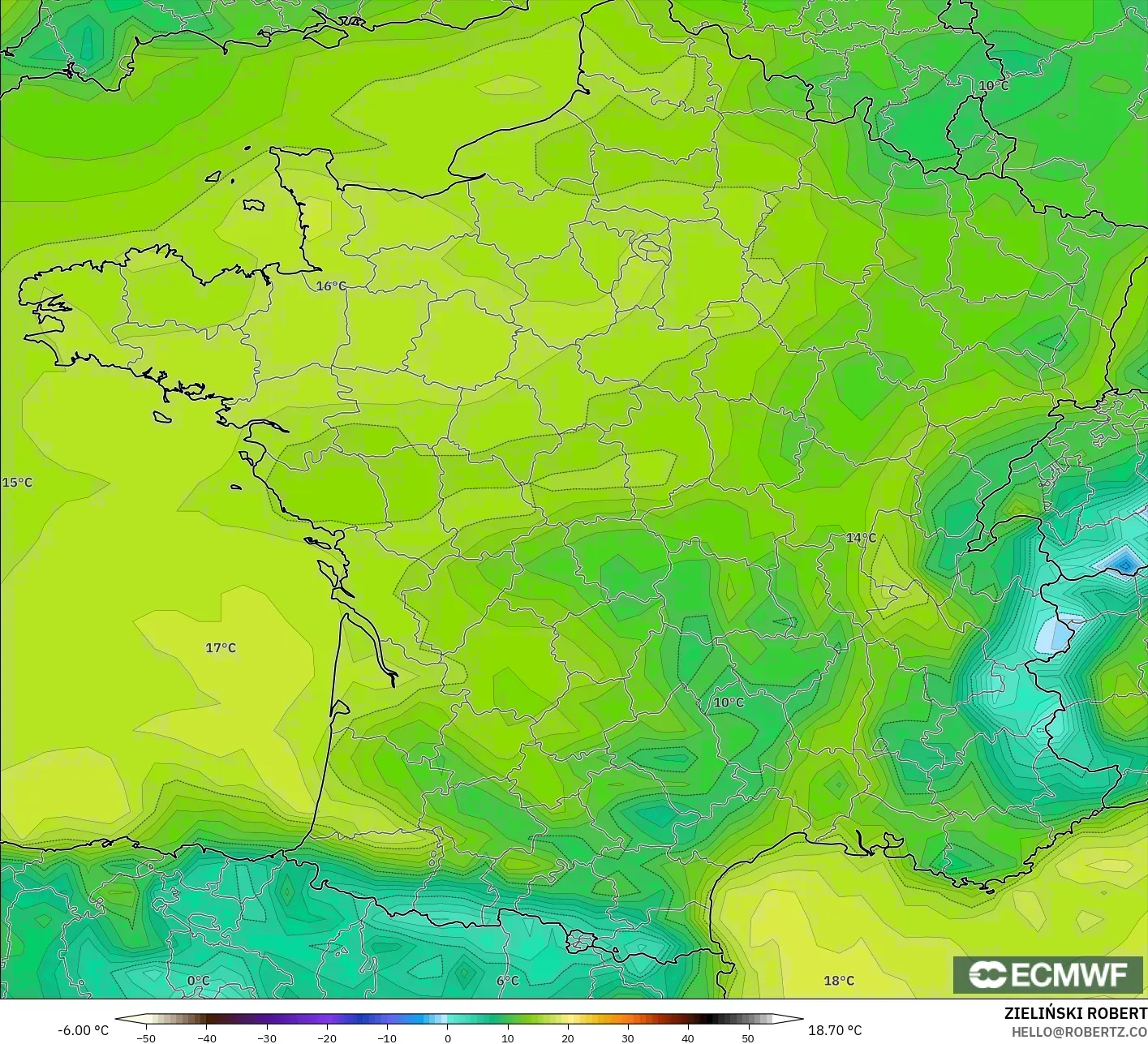 ECMWF IFS 0.25° modelo - Francia, Punto de rocío a 2 m