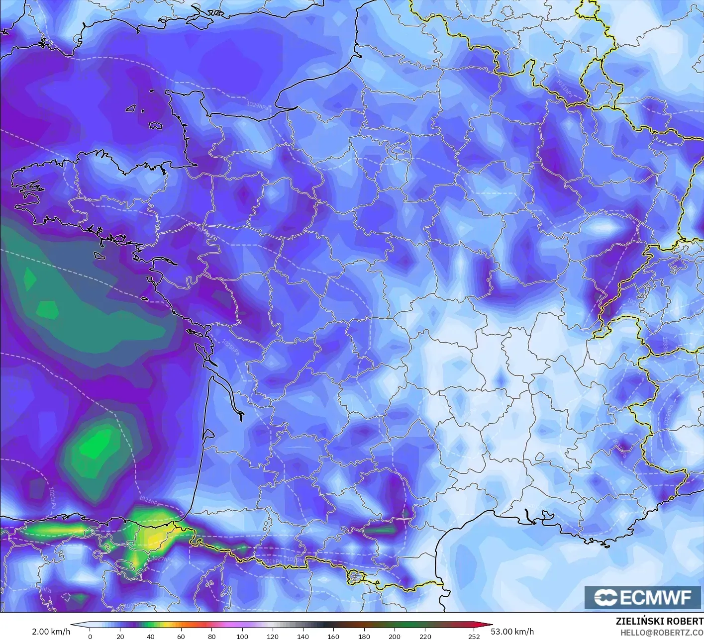 ECMWF IFS 0.25° modelo - Francia, Ráfagas de viento
