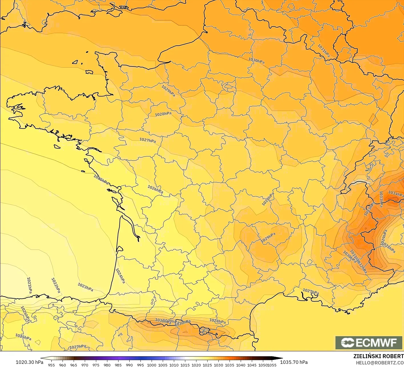 ECMWF IFS 0.25° modelo - Francia, Presión
