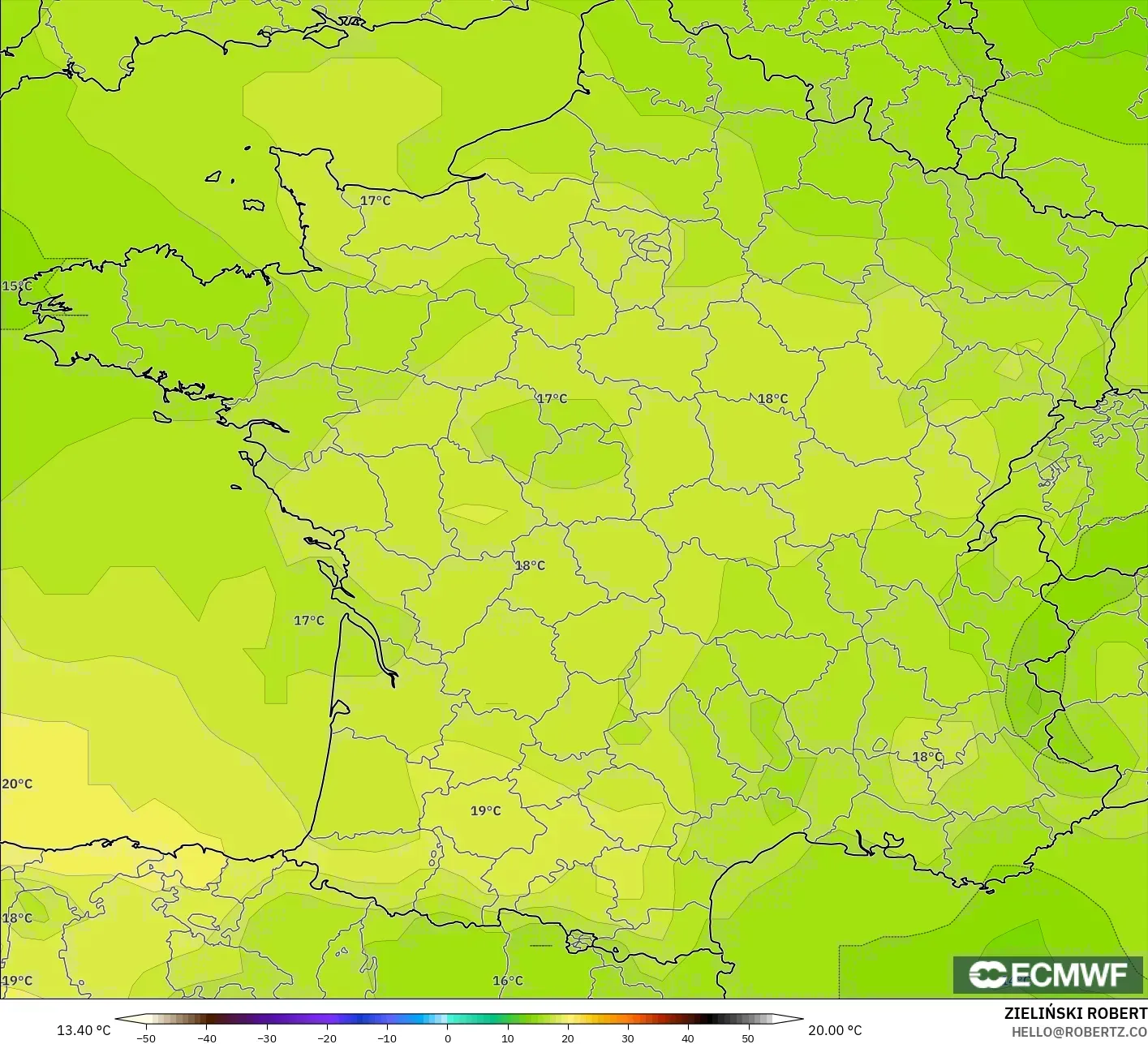 ECMWF IFS 0.25° modelo - Francia, Temperatura a 850 hPa