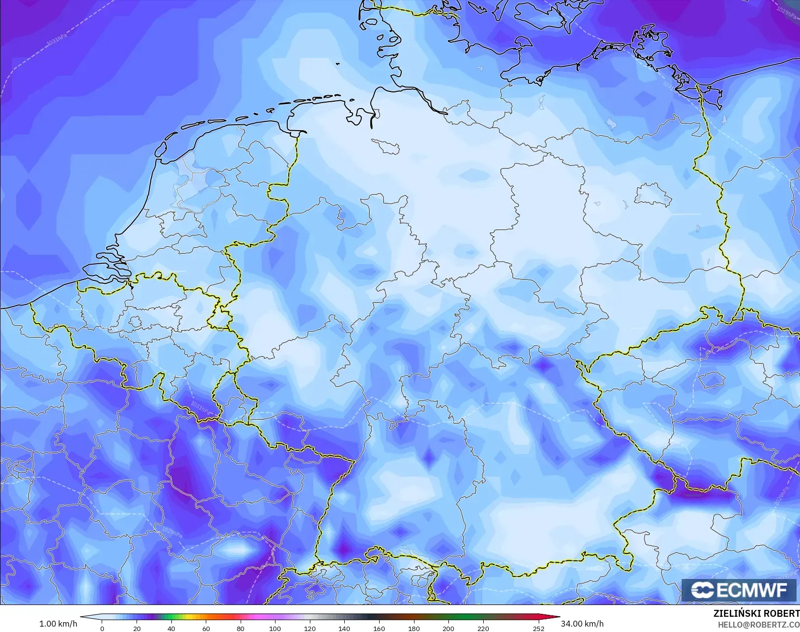 ECMWF IFS 0.25° modelo - Alemania, Ráfagas de viento