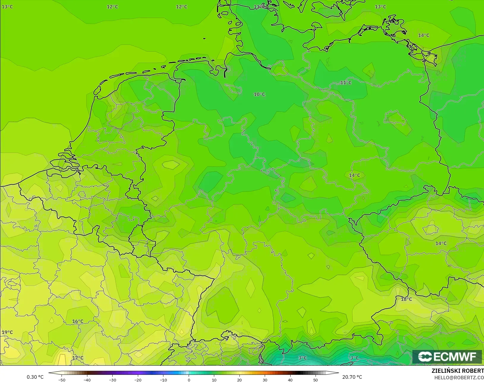 ECMWF IFS 0.25° modelo - Alemania, Temperatura a 2 m