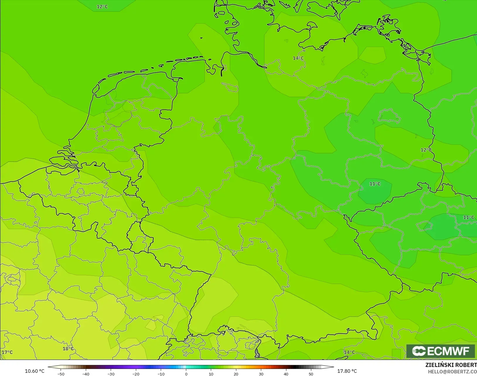 ECMWF IFS 0.25° modelo - Alemania, Temperatura a 850 hPa