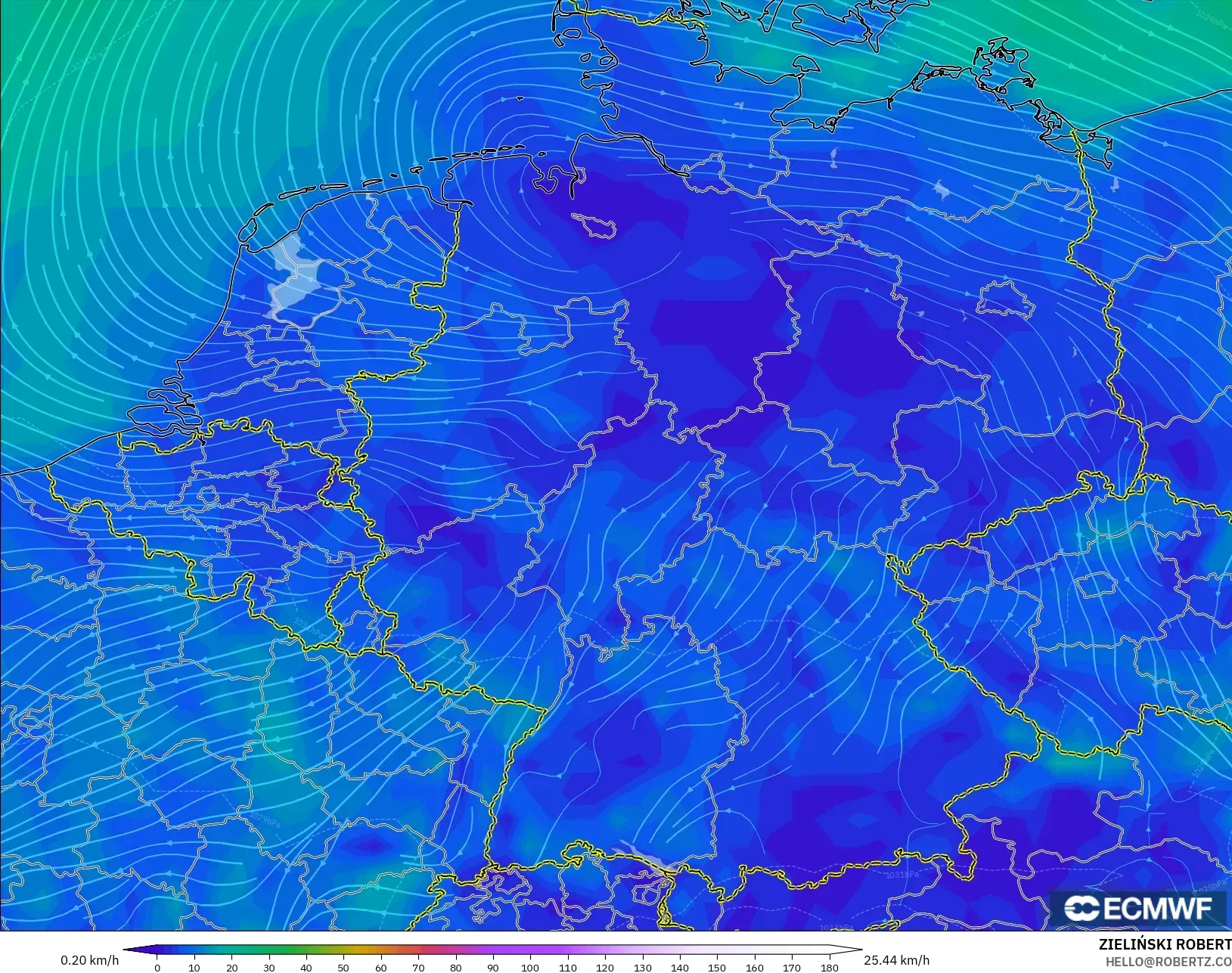 ECMWF IFS 0.25° modelo - Alemania, Viento a 10 m
