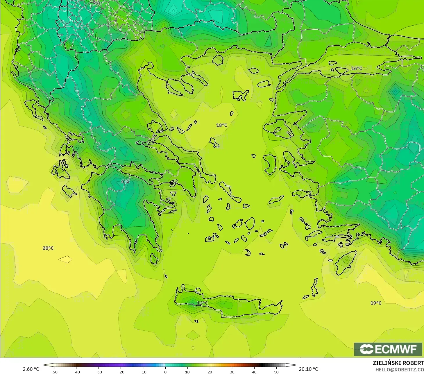 ECMWF IFS 0.25° modelo - Grecia, Punto de rocío a 2 m