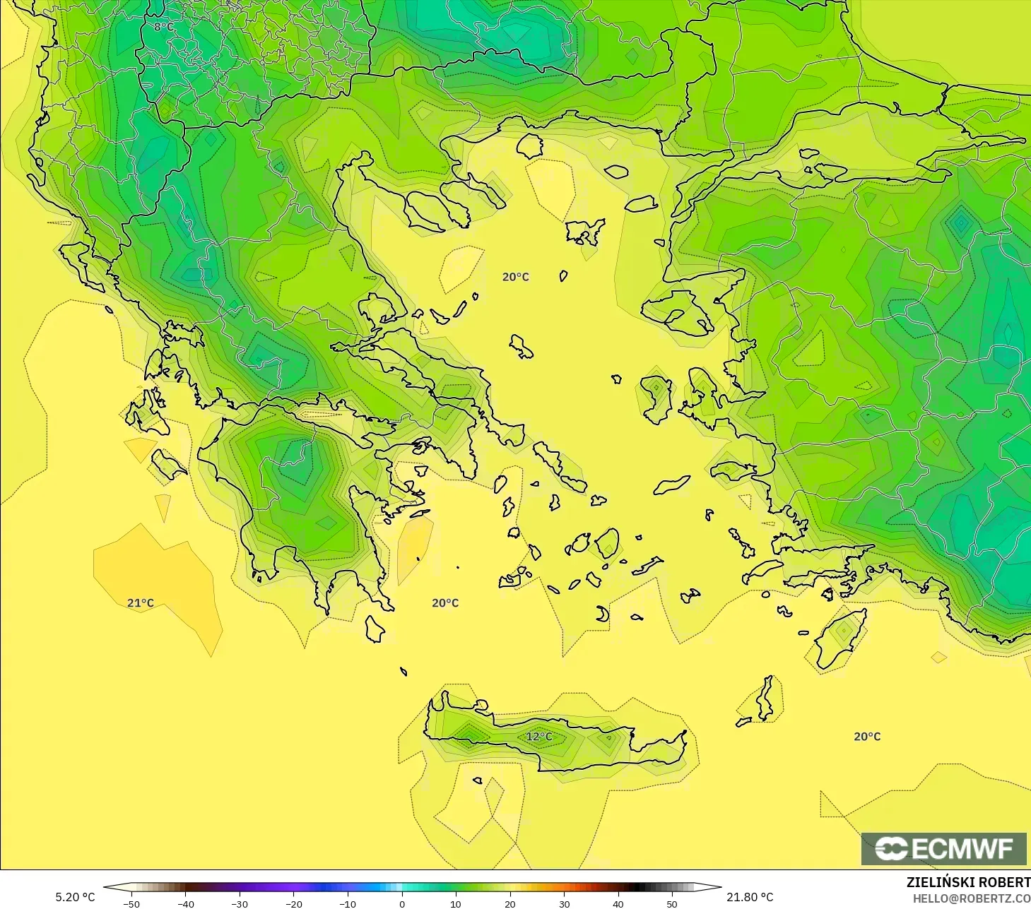 ECMWF IFS 0.25° modelo - Grecia, Temperatura a 2 m