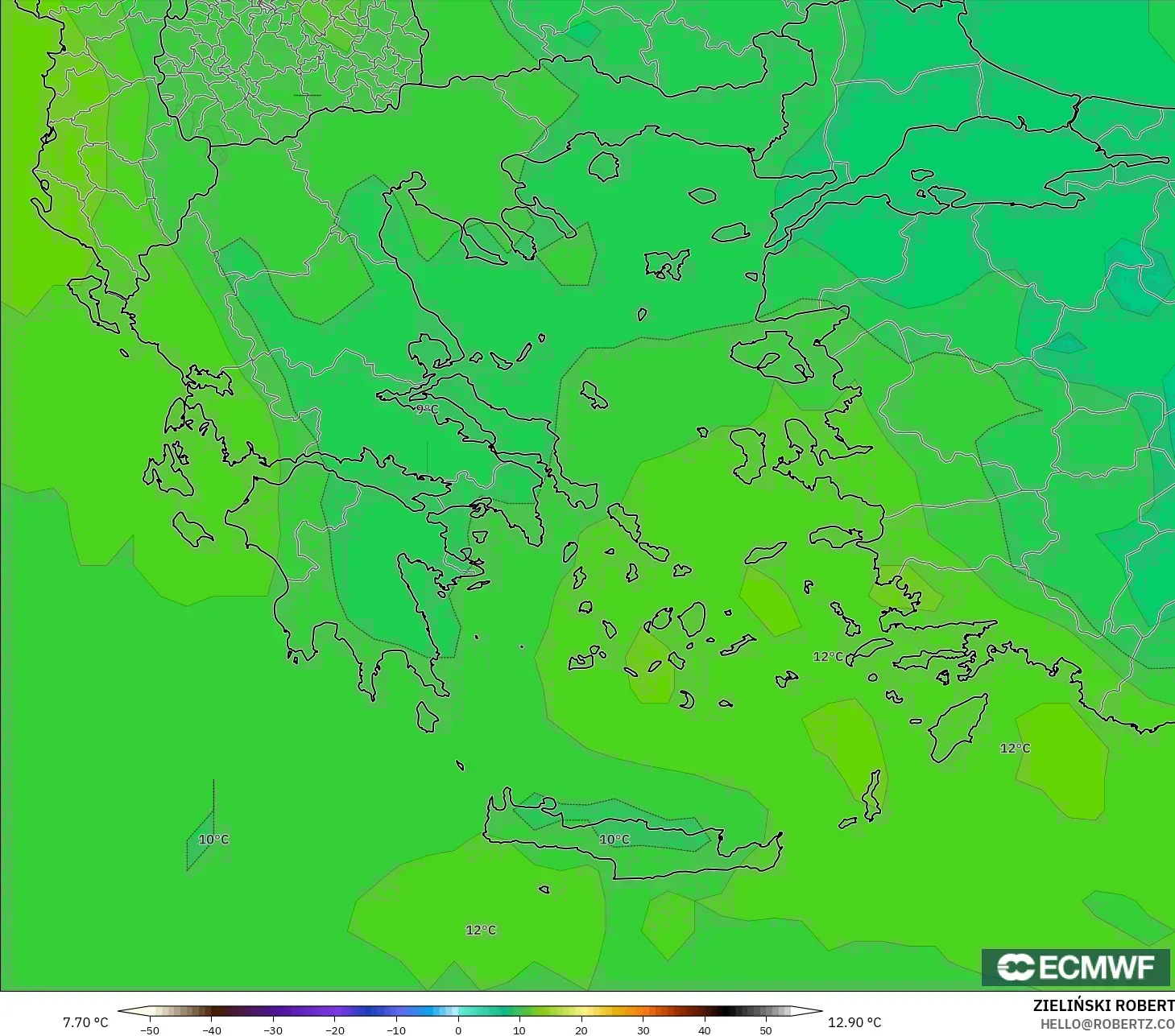 ECMWF IFS 0.25° modelo - Grecia, Temperatura a 850 hPa