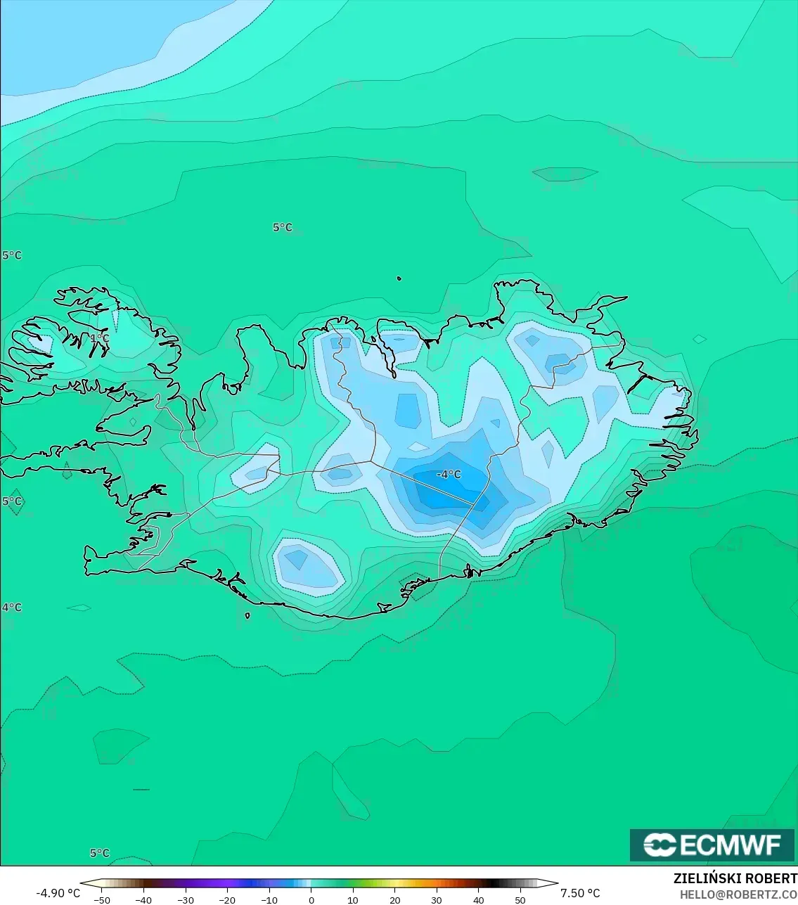 ECMWF IFS 0.25° modelo - Islandia, Punto de rocío a 2 m